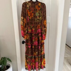 Farm Rio Brown Charming Garden Floral Long Sleeve Maxi Dress XS NWOT w flaw Boho